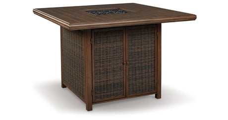 Paradise Trail Medium Brown Outdoor Bar Fire Pit Table with 6 Barstools from Ashley Furniture - Luna Furniture