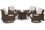 Paradise Trail Medium Brown Outdoor Fire Pit Table with 4 Lounge Chairs from Ashley - Luna Furniture