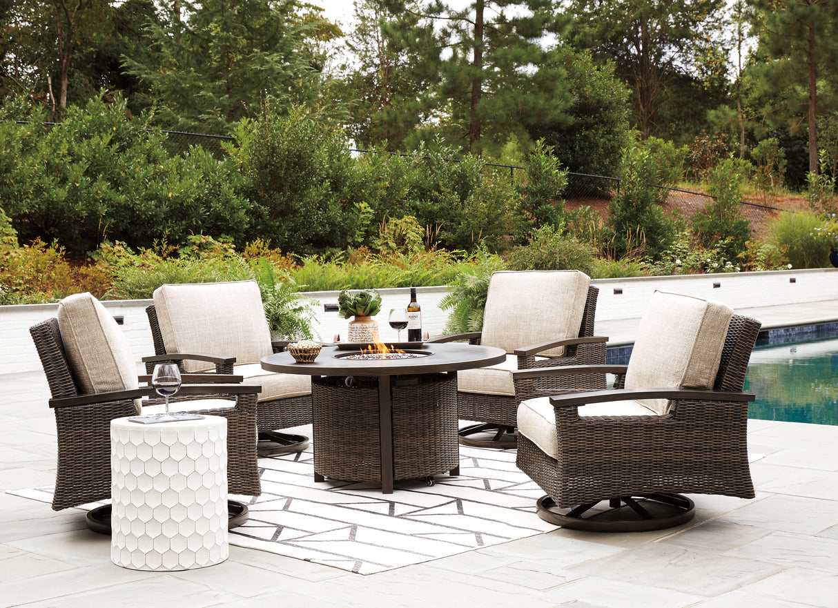 Paradise Trail Medium Brown Outdoor Fire Pit Table with 4 Lounge Chairs from Ashley Furniture - Luna Furniture