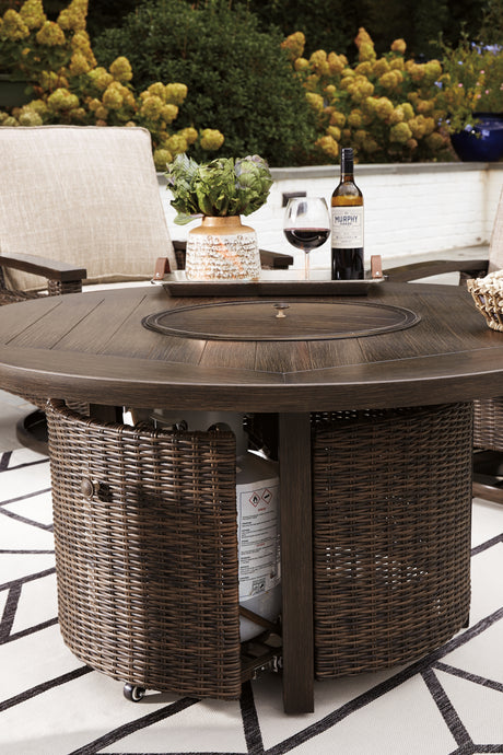 Paradise Trail Medium Brown Outdoor Fire Pit Table with 4 Lounge Chairs from Ashley - Luna Furniture