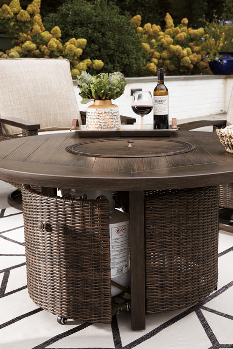 Paradise Trail Outdoor Loveseat and 2 Lounge Chairs with Fire Pit Table in Medium Brown from Ashley Furniture - Luna Furniture
