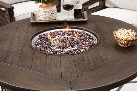 Paradise Trail Medium Brown Outdoor Fire Pit Table with 4 Lounge Chairs from Ashley - Luna Furniture