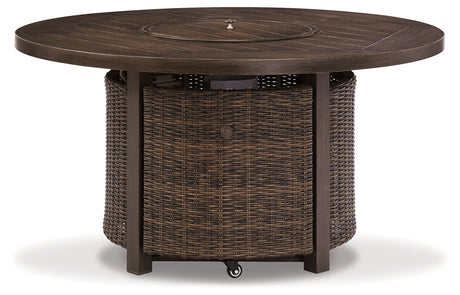 Paradise Trail Outdoor Loveseat and 2 Lounge Chairs with Fire Pit Table in Medium Brown from Ashley Furniture - Luna Furniture