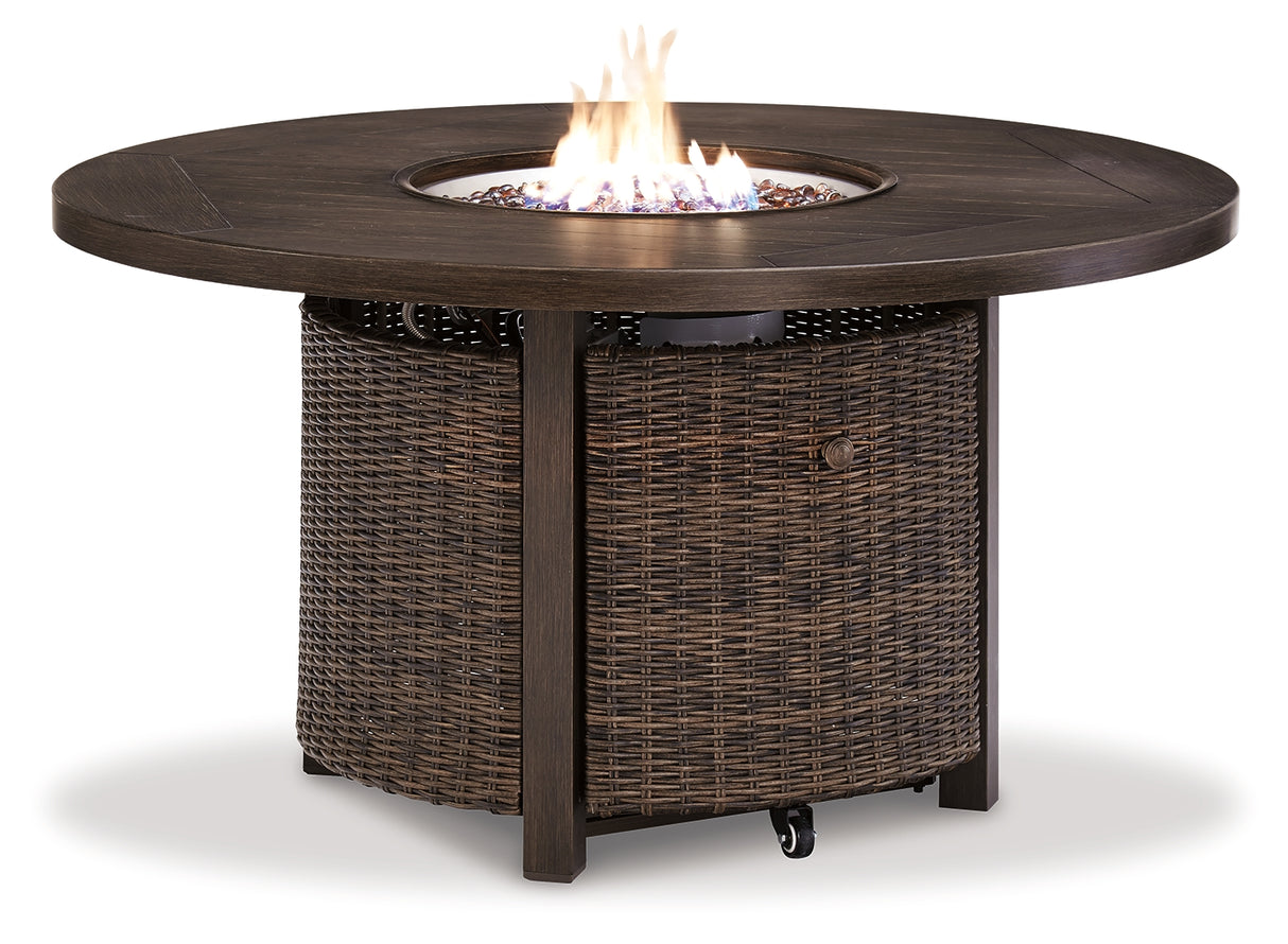 Paradise Trail Medium Brown Outdoor Fire Pit Table with 4 Lounge Chairs from Ashley Furniture - Luna Furniture
