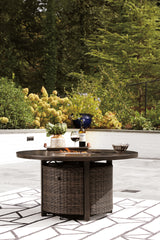 Paradise Trail Medium Brown Outdoor Fire Pit Table with 4 Lounge Chairs from Ashley Furniture - Luna Furniture