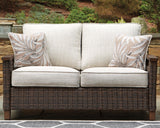 Paradise Trail Outdoor Loveseat and 2 Lounge Chairs with Fire Pit Table in Medium Brown from Ashley Furniture - Luna Furniture