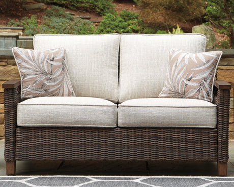 Paradise Trail Outdoor Loveseat and 2 Lounge Chairs with Fire Pit Table in Medium Brown from Ashley Furniture - Luna Furniture