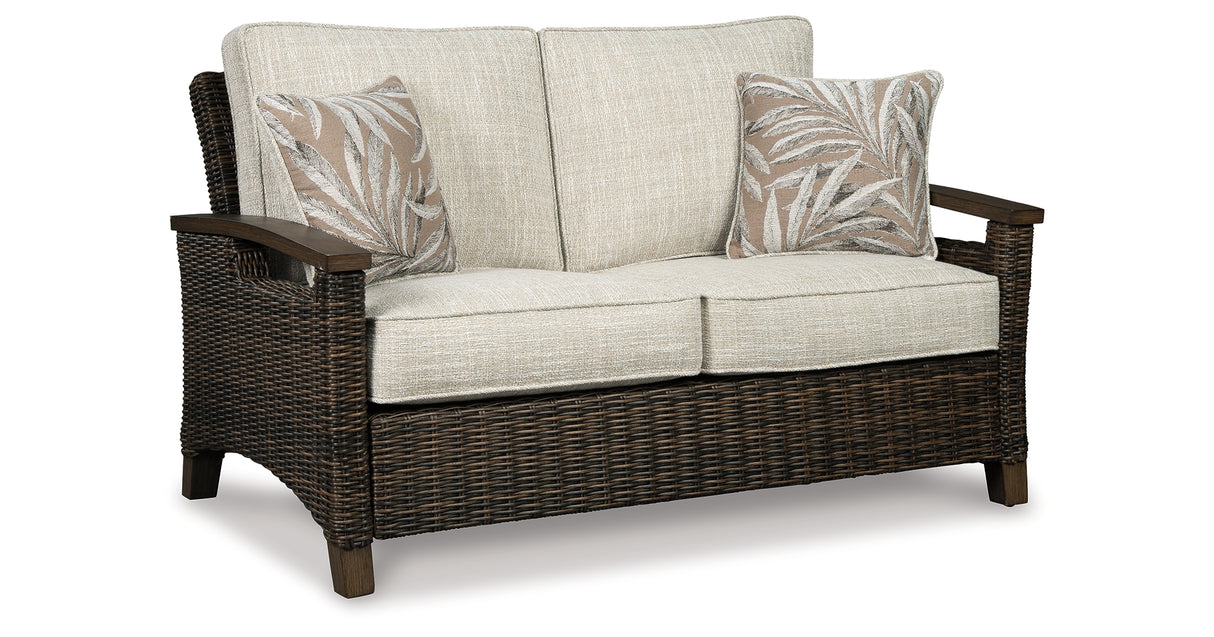 Paradise Trail Outdoor Loveseat and 2 Lounge Chairs with Fire Pit Table in Medium Brown from Ashley Furniture - Luna Furniture