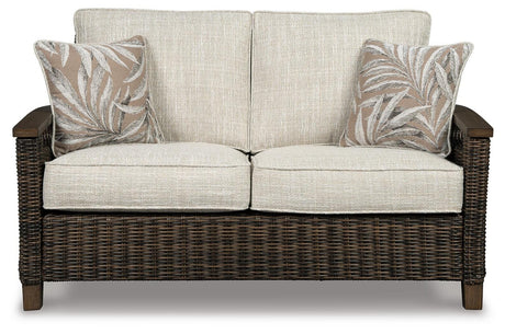 Paradise Trail Outdoor Loveseat and 2 Lounge Chairs with Fire Pit Table in Medium Brown from Ashley Furniture - Luna Furniture