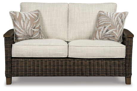 Paradise Trail Outdoor Loveseat and 2 Lounge Chairs with Fire Pit Table in Medium Brown from Ashley Furniture - Luna Furniture