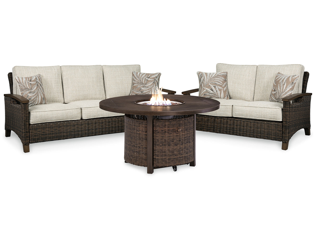 Paradise Trail Outdoor Sofa and Loveseat with Fire Pit Table in Medium Brown from Ashley Furniture - Luna Furniture