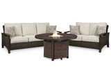 Paradise Trail Outdoor Sofa and Loveseat with Fire Pit Table in Medium Brown from Ashley Furniture - Luna Furniture