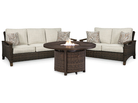Paradise Trail Outdoor Sofa and Loveseat with Fire Pit Table in Medium Brown from Ashley Furniture - Luna Furniture