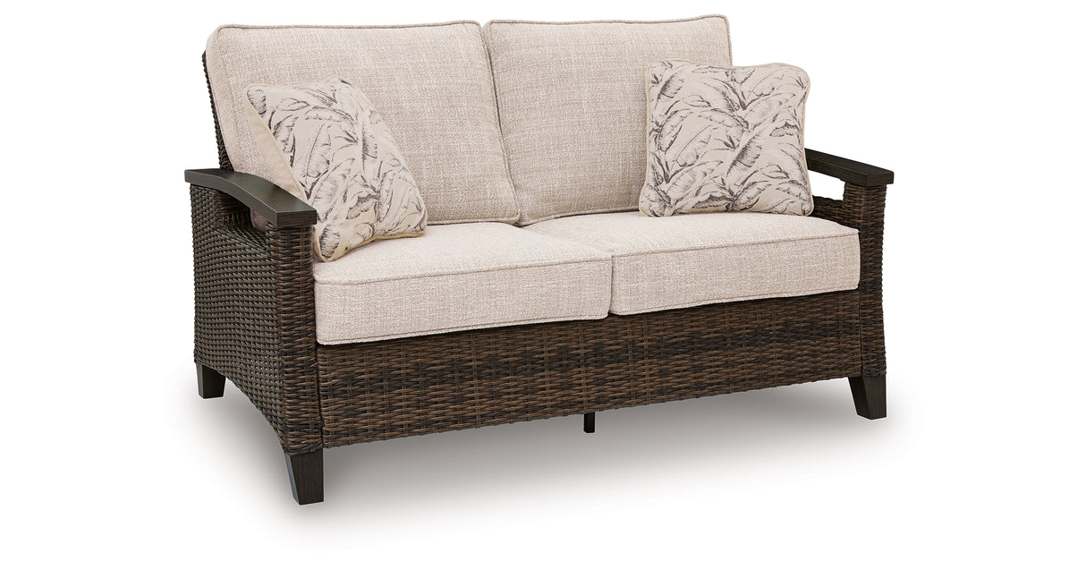 Monterey Point Outdoor Sofa and Loveseat with Coffee Table in Dark Brown from Ashley Furniture - Luna Furniture