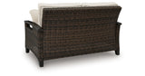 Monterey Point Dark Brown Outdoor Loveseat with Cushion from Ashley Furniture - Luna Furniture