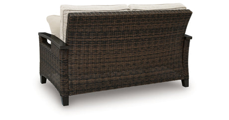 Monterey Point Outdoor Sofa and Loveseat with Coffee Table in Dark Brown from Ashley Furniture - Luna Furniture