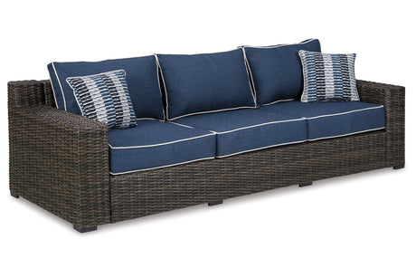 Grasson Lane Brown/Blue Outdoor Sofa, 2 Lounge Chairs and Coffee Table