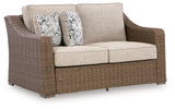 Laguna Heights Outdoor Sofa and Loveseat with Lounge Chair in Beige from Ashley Furniture - Luna Furniture