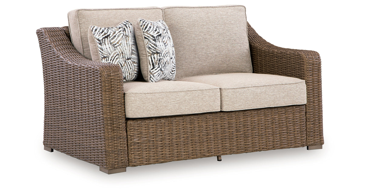 Laguna Heights Outdoor Sofa and Loveseat with Lounge Chair in Beige from Ashley Furniture - Luna Furniture