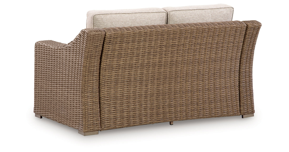 Laguna Heights Outdoor Sofa and Loveseat with Lounge Chair in Beige from Ashley Furniture - Luna Furniture