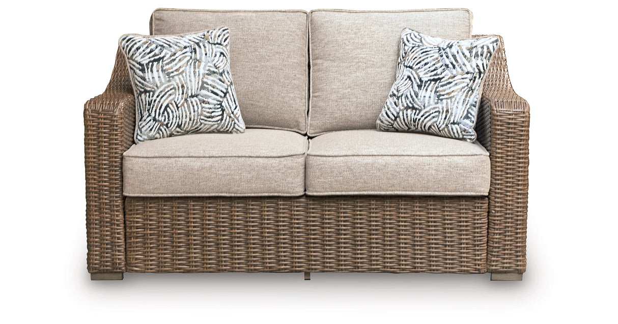 Laguna Heights Outdoor Sofa and Loveseat with Lounge Chair in Beige from Ashley Furniture - Luna Furniture
