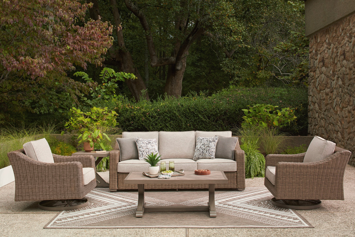 Laguna Heights Outdoor Sofa and 2 Chairs with Coffee Table in Beige from Ashley Furniture - Luna Furniture