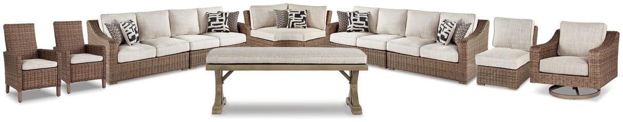 Beachcroft Beige 4-Piece Outdoor Sectional, 2 Arm Chairs, Lounge Chair and Bench from Ashley Furniture - Luna Furniture