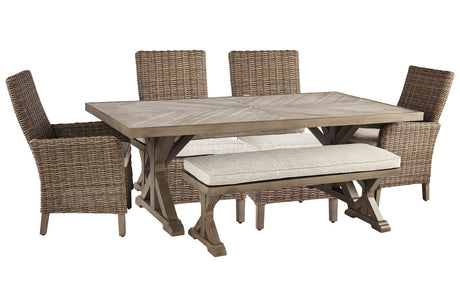 Beachcroft Beige Outdoor Dining Table with 4 Chairs and Bench