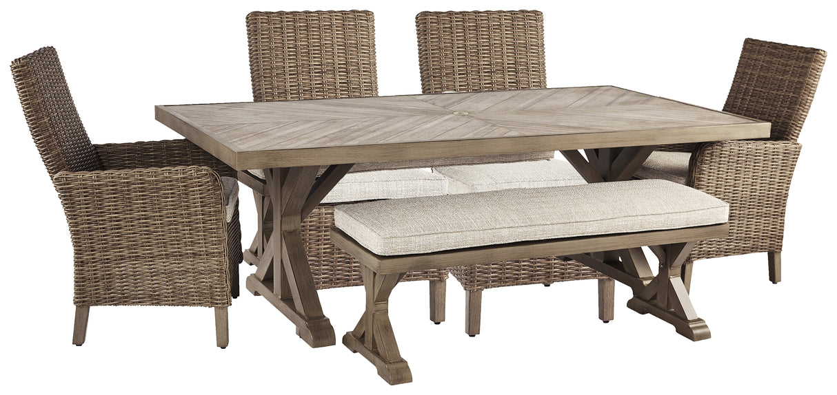 Beachcroft Outdoor Dining Table and 4 Chairs and Bench in Beige from Ashley Furniture - Luna Furniture