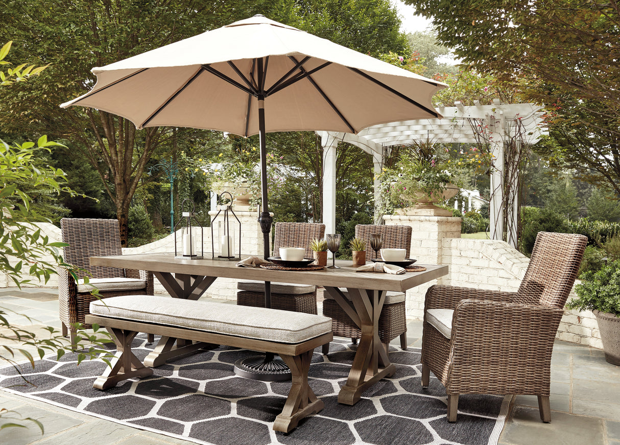 Beachcroft Outdoor Dining Table and 4 Chairs and Bench in Beige from Ashley Furniture - Luna Furniture