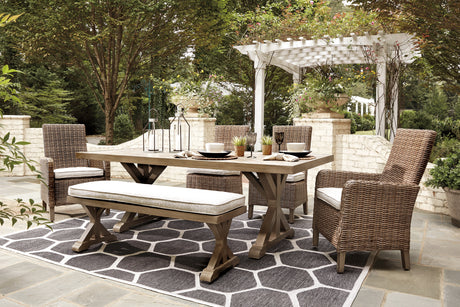 Beachcroft Beige Outdoor Dining Table with 4 Chairs and Bench from Ashley Furniture - Luna Furniture