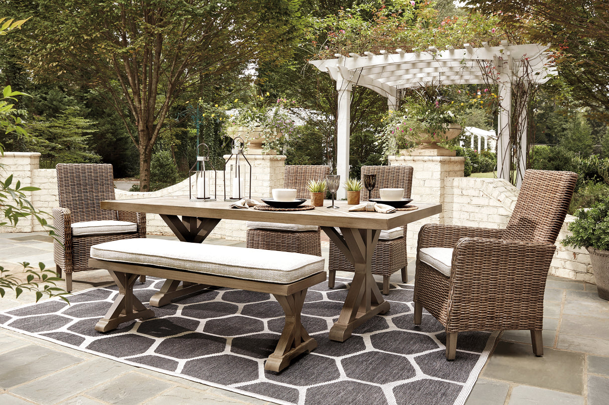 Beachcroft Outdoor Dining Table and 4 Chairs and Bench in Beige from Ashley Furniture - Luna Furniture
