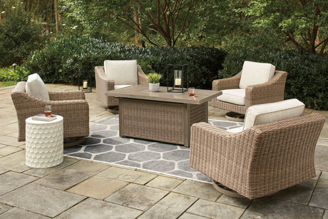 Beachcroft Beige 5-Piece Outdoor Fire Pit Table with 4 Chairs from Ashley Furniture - Luna Furniture