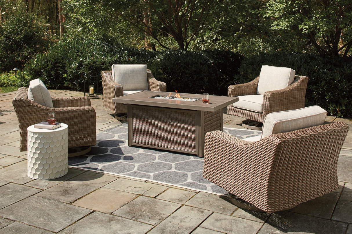 Beachcroft Beige 5-Piece Outdoor Fire Pit Table with 4 Chairs from Ashley Furniture - Luna Furniture