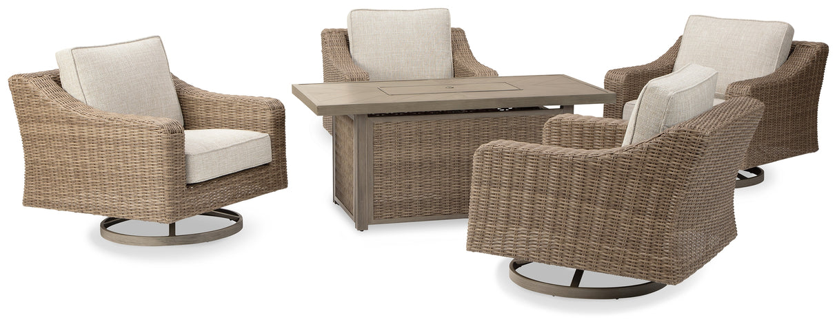 Beachcroft Beige 5-Piece Outdoor Fire Pit Table with 4 Chairs from Ashley Furniture - Luna Furniture