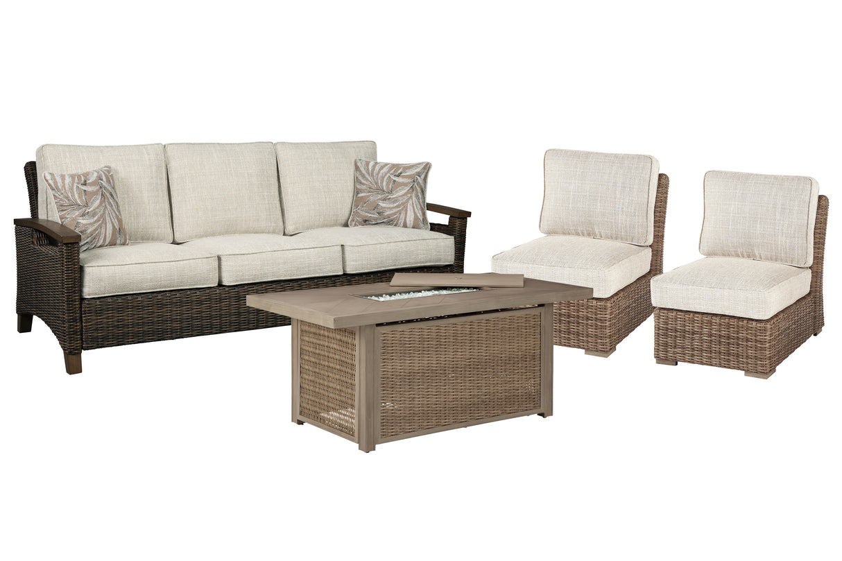 Beachcroft Beige Outdoor Sofa and 2 Lounge Chairs with Fire Pit Table from Ashley Furniture - Luna Furniture