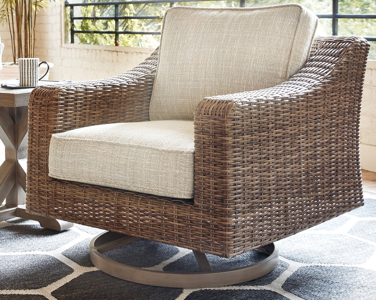 Beachcroft Beige Outdoor Swivel Lounge with Cushion from Ashley - Luna Furniture