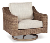 Beachcroft Outdoor Sofa and 2 Lounge Chairs with Fire Pit Table in Beige from Ashley Furniture - Luna Furniture