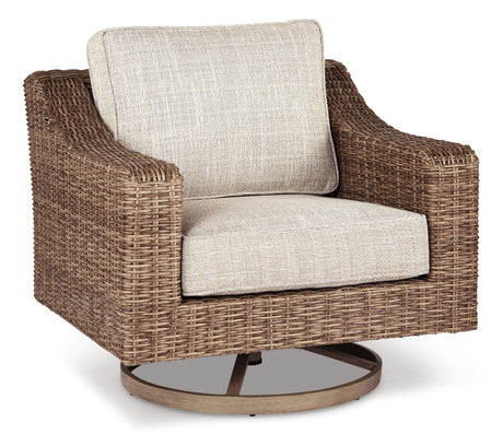 Beachcroft Outdoor Sofa and 2 Lounge Chairs with Fire Pit Table in Beige from Ashley Furniture - Luna Furniture