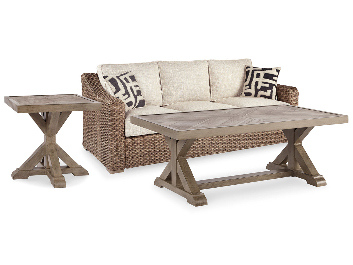 Beachcroft Outdoor Sofa with Coffee Table and End Table in Beige from Ashley Furniture - Luna Furniture