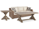 Beachcroft Outdoor Sofa with Coffee Table and End Table in Beige from Ashley Furniture - Luna Furniture