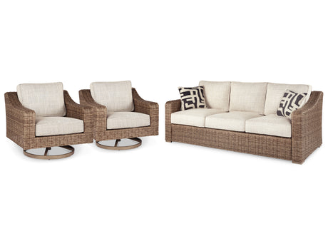 Beachcroft Outdoor Sofa with 2 Lounge Chairs in Beige from Ashley Furniture - Luna Furniture