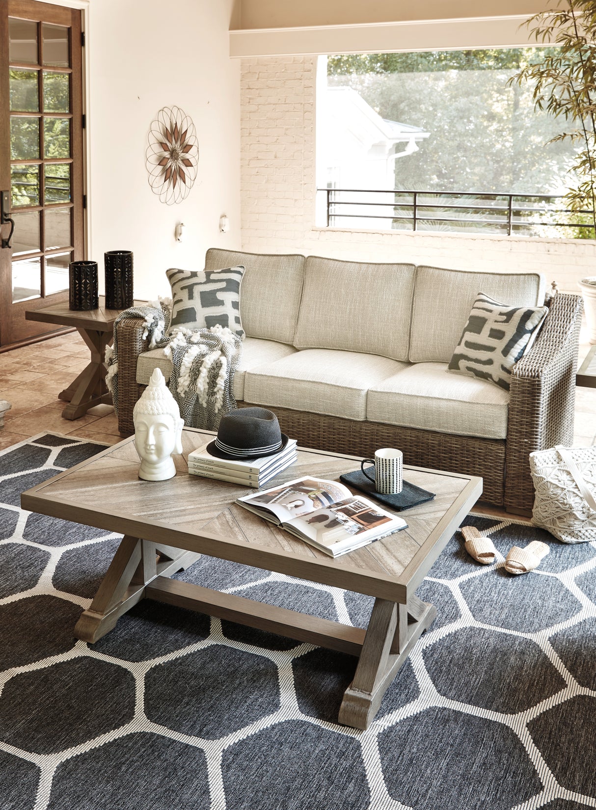 Beachcroft Outdoor Sofa with Coffee Table and End Table in Beige from Ashley Furniture - Luna Furniture
