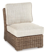Beachcroft Beige Outdoor Sofa and 2 Lounge Chairs with Fire Pit Table from Ashley Furniture - Luna Furniture