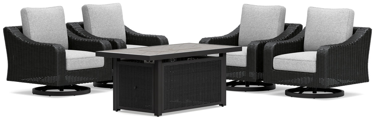 Beachcroft Black/Light Gray Outdoor Fire Pit Table and 4 Chairs from Ashley Furniture - Luna Furniture