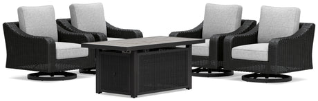 Beachcroft Black/Light Gray Outdoor Fire Pit Table and 4 Chairs from Ashley Furniture - Luna Furniture
