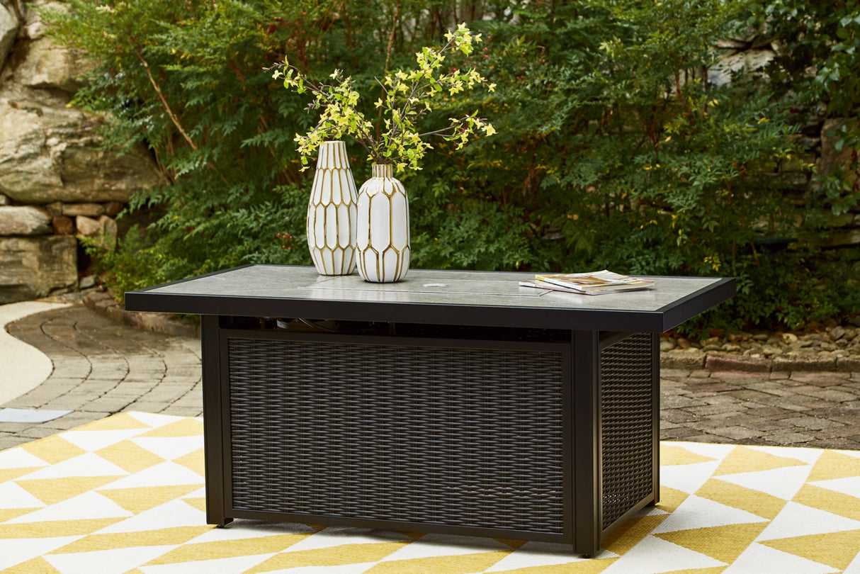 Beachcroft Black/Light Gray Outdoor Fire Pit Table and 4 Chairs from Ashley Furniture - Luna Furniture