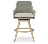 Seton Creek Beige/Gray Outdoor Bar Height Barstool with Cushion (Set of 2) from Ashley Furniture - Luna Furniture