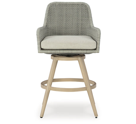 Seton Creek Beige/Gray Outdoor Bar Height Barstool with Cushion (Set of 2) from Ashley Furniture - Luna Furniture