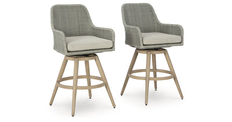 Seton Creek Beige/Gray Outdoor Bar Height Barstool with Cushion (Set of 2) from Ashley Furniture - Luna Furniture